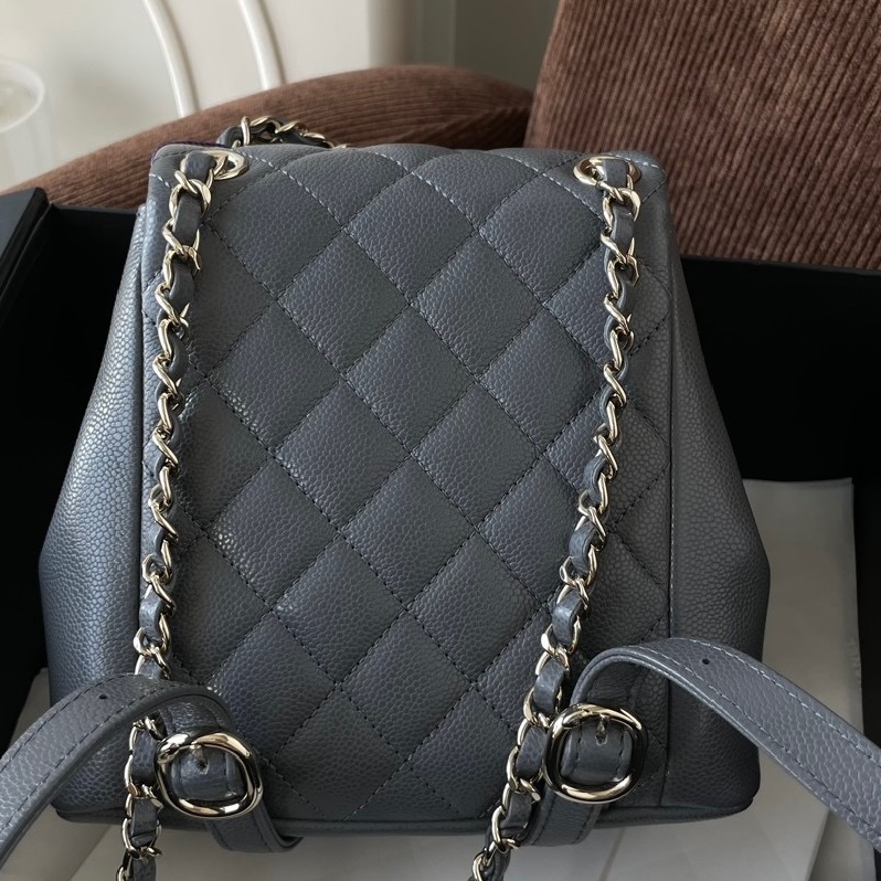 chanel/香奈兒 24A  雙肩包 灰色荔枝牛 17*17*9-7