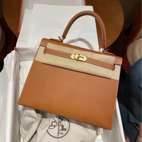 Hermes愛馬仕Kelly25金棕色Epsom皮金扣w刻 單肩斜挎包