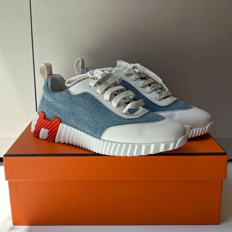 Hermes 藍布+白皮休閒鞋-1