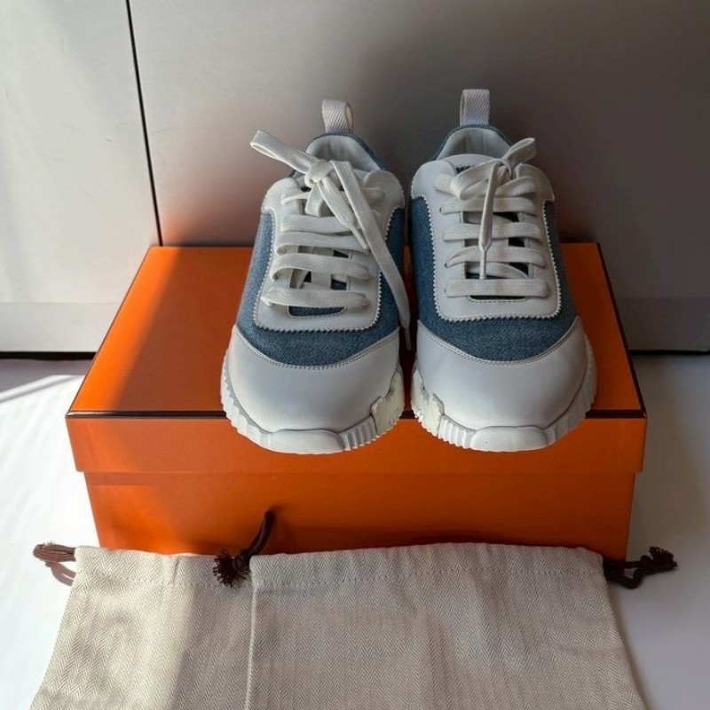 Hermes 藍布+白皮休閒鞋-3