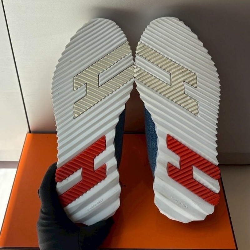 Hermes 藍布+白皮休閒鞋-5