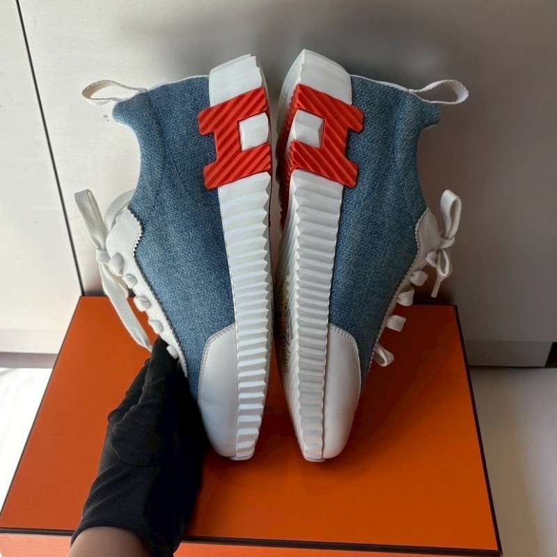 Hermes 藍布+白皮休閒鞋-6