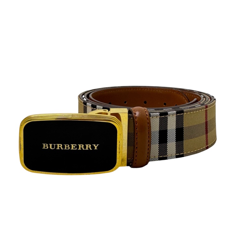 Burberry 金x黑頭 格紋棕色皮革 皮帶 腰帶-0