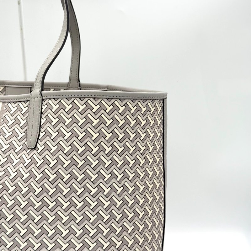 TORY BURCH 經典花紋 灰色 皮革 托特包 電腦包 單肩包-2