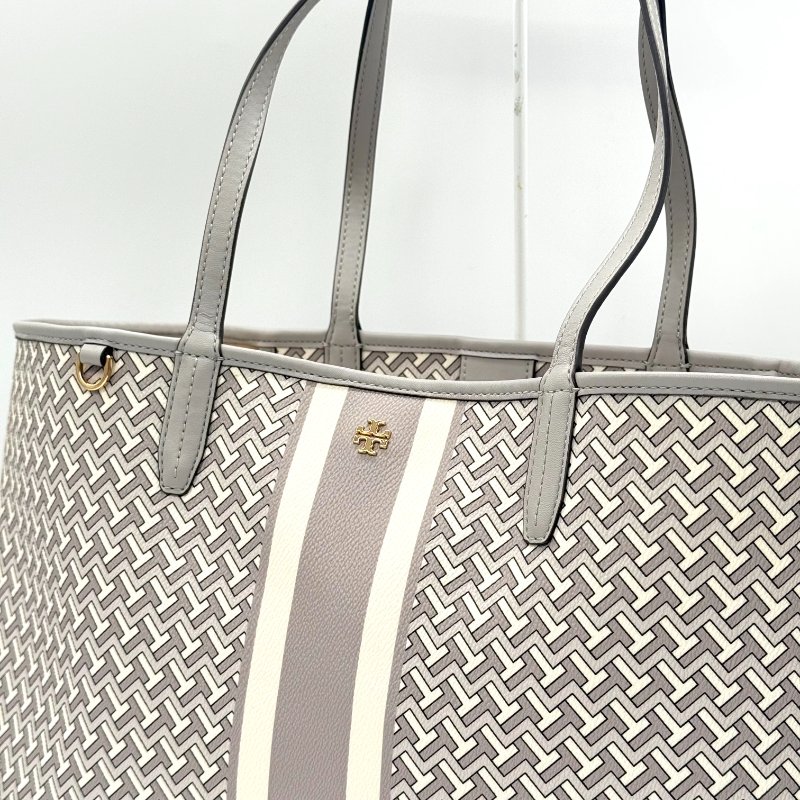 TORY BURCH 經典花紋 灰色 皮革 托特包 電腦包 單肩包-3