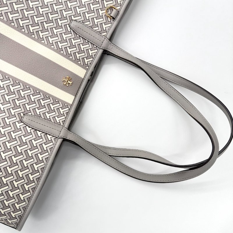 TORY BURCH 經典花紋 灰色 皮革 托特包 電腦包 單肩包-10
