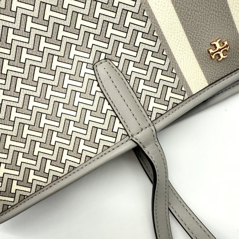 TORY BURCH 經典花紋 灰色 皮革 托特包 電腦包 單肩包-11