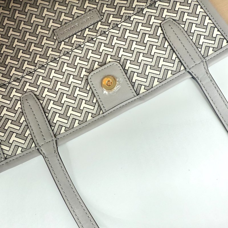 TORY BURCH 經典花紋 灰色 皮革 托特包 電腦包 單肩包-12