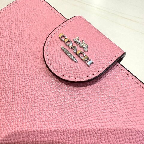 *SHIHNS名牌精品* COACH 蜜桃粉 立體馬車 防刮真皮革中夾