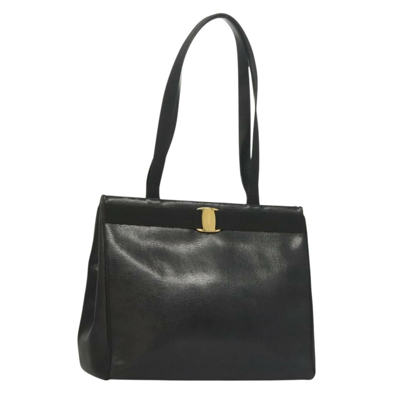 【日本直送】Salvatore Ferragamo 托特包 壓花皮革 黑色 金色 正品 BA4507-0