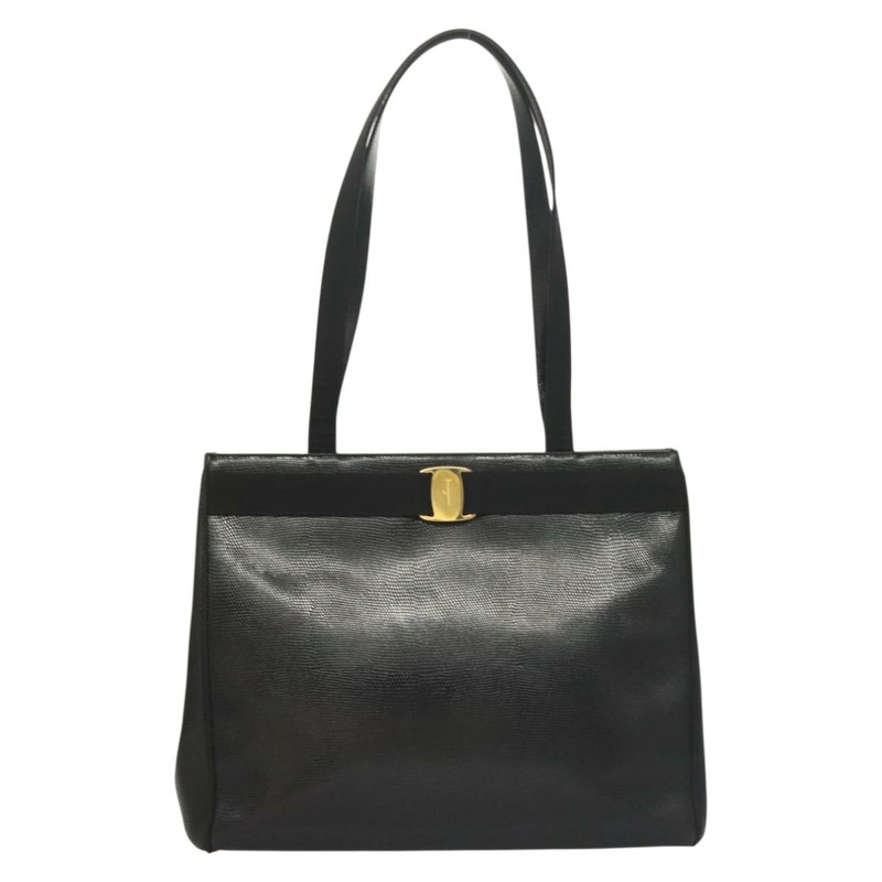 【日本直送】Salvatore Ferragamo 托特包 壓花皮革 黑色 金色 正品 BA4507-12