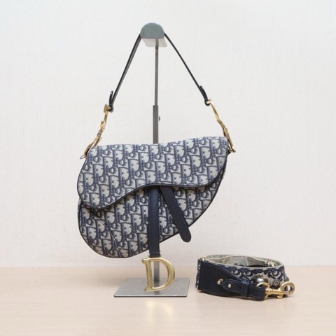 DIOR(迪奧) SADDLE 馬鞍 中號 25.5 配肩帶 藍色 帆布 金扣 2018 Oblique印花