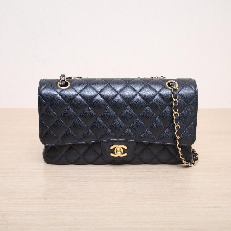 CHANEL(香奈兒) CF 口蓋包 中號 25.5cm 黑色 荔枝 28開 金扣-0