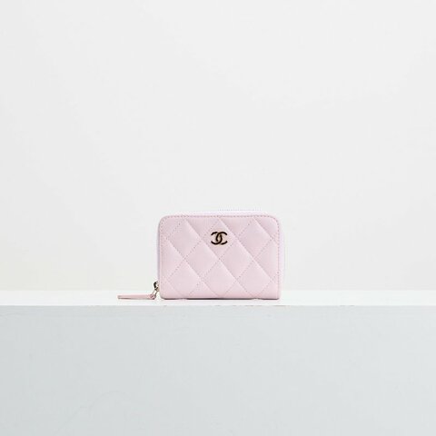 二手Chanel 新款拉鍊零錢包/粉色金釦