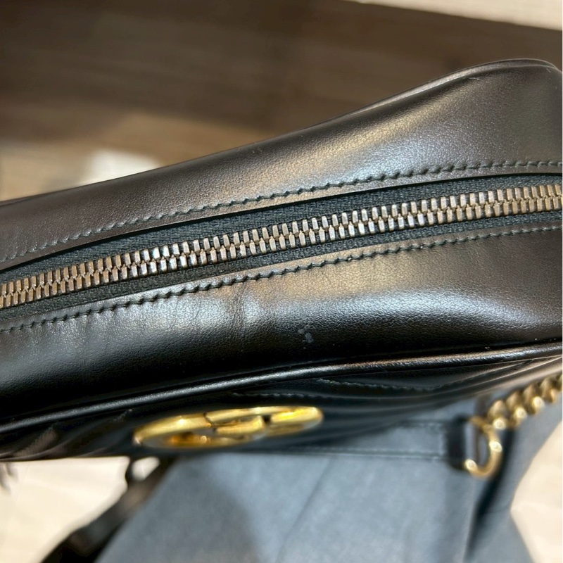 GUCCI黑金牛皮馬夢鏈條相機包24CM 447632-11