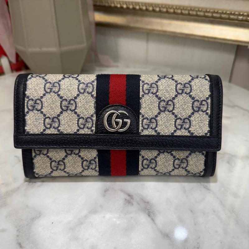 Gucci藍牛皮PVC Ophidia銀釦下蓋12卡長夾-0
