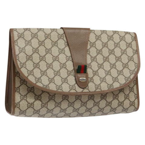 GUCCI GG Supreme Web Sherry Line 手拿包 PVC 米金色 89.01.031 正品 129602