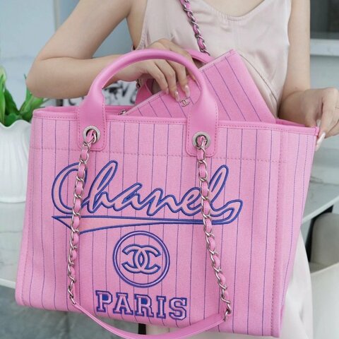 CHANEL 23P粉色子母手提沙灘包 38*30*23 98新配件塵袋