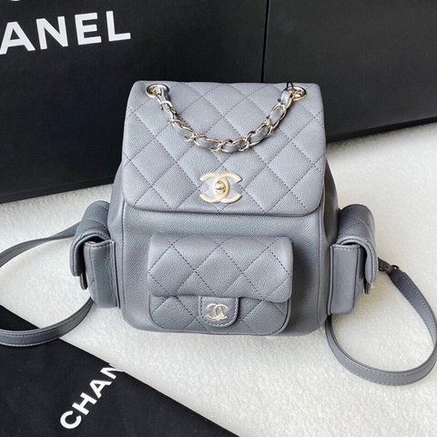 chanel灰色荔枝牛大號雙肩包 芯片21.5 x19.5 x 12