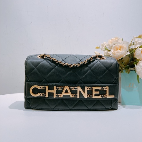 TW4425 Chanel 香奈兒 菱格牛皮 鏈帶肩背包Logo Enchained Flap Bag Black x GHW