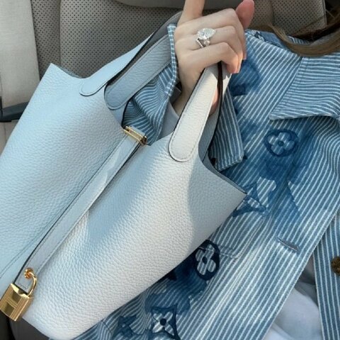 HERMES 聖杯藍金扣菜籃子18手提袋 18*18*13 99新配件盒子塵袋鑰匙鎖