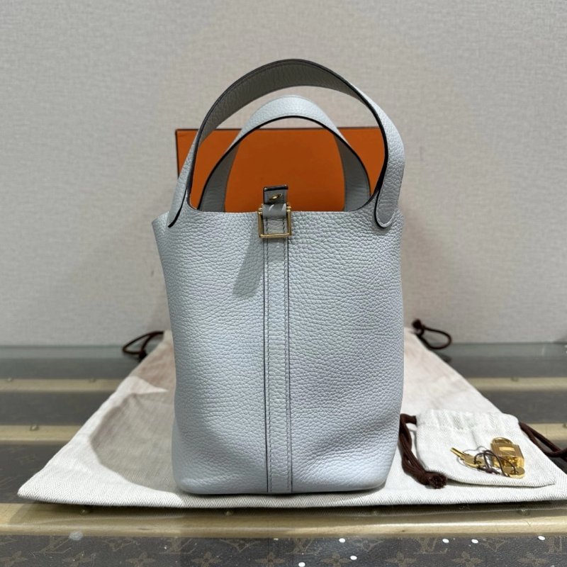 HERMES 聖杯藍金扣菜籃子18手提袋 18*18*13 99新配件盒子塵袋鑰匙鎖-2