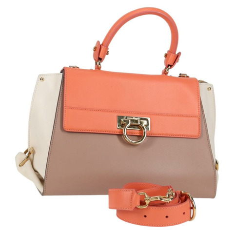 Salvatore Ferragamo Gancini Sofia 手提包 皮革 2 向 粉紅金 正品 127533M