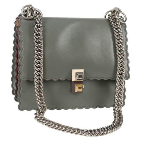 FENDI 鏈條單肩包 皮革 灰色 銀色 正品 127855V
