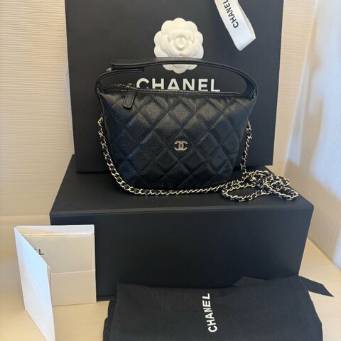Chanel 黑色荔枝皮 淡金釦經典logo 飯盒包