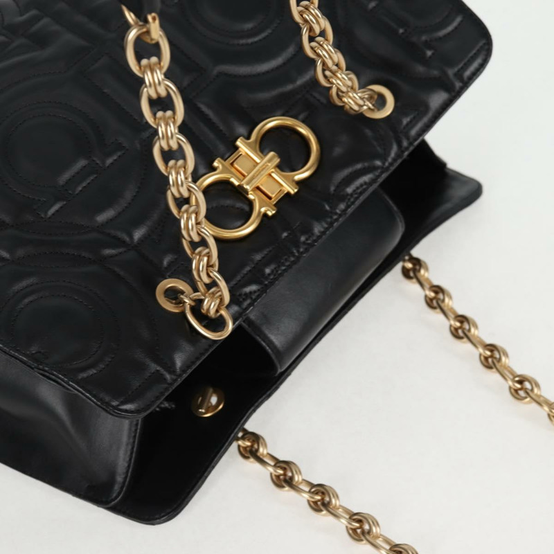 【日本直送】Salvatore Ferragamo 鏈條手提包，黑色皮革，金色，正品，貨號 128371M-5
