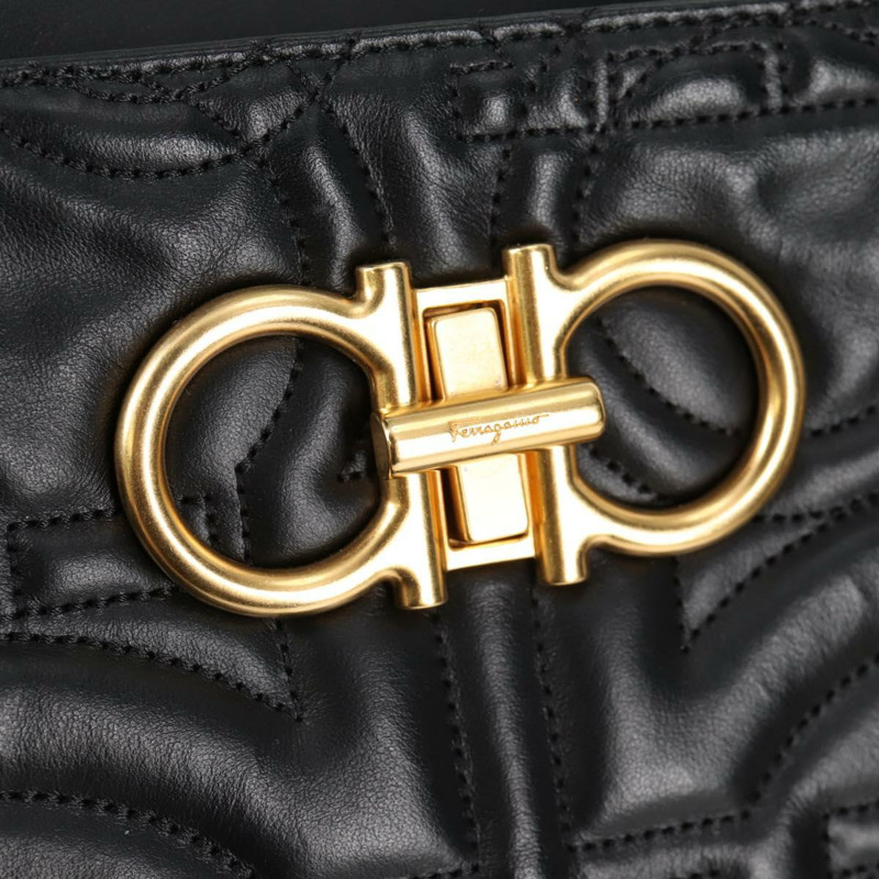 【日本直送】Salvatore Ferragamo 鏈條手提包，黑色皮革，金色，正品，貨號 128371M-16