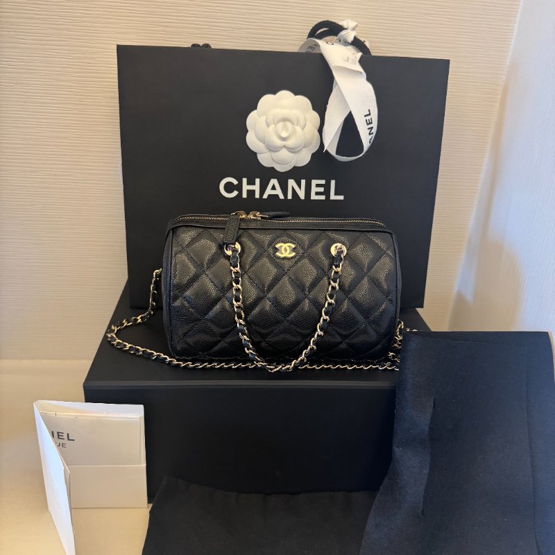 Chanel 25p 黑色荔枝皮 淡金釦經典logo 保齡球包-0
