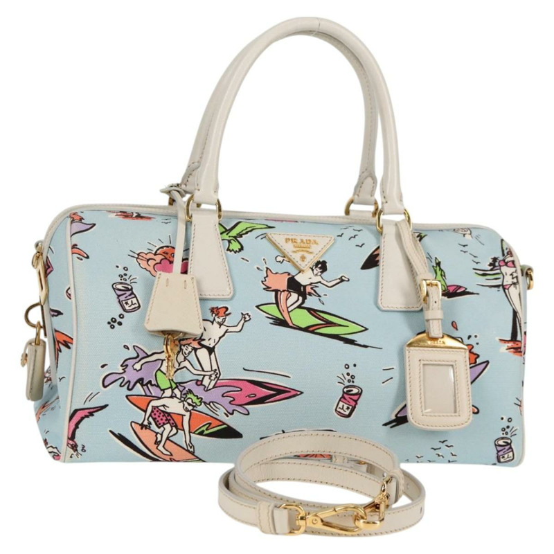 【日本直送】PRADA 手提包 帆布 2 向 淺藍色 金色 正品 130352V-0