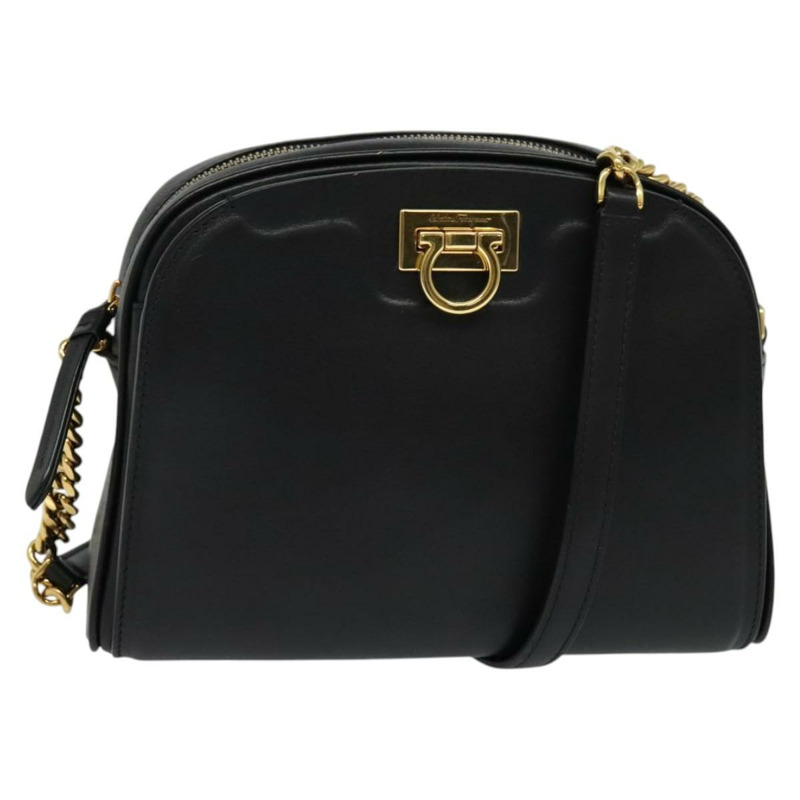 【日本直送】Salvatore Ferragamo Gancini 鏈條單肩包 皮革 黑金色 正品 131182-0