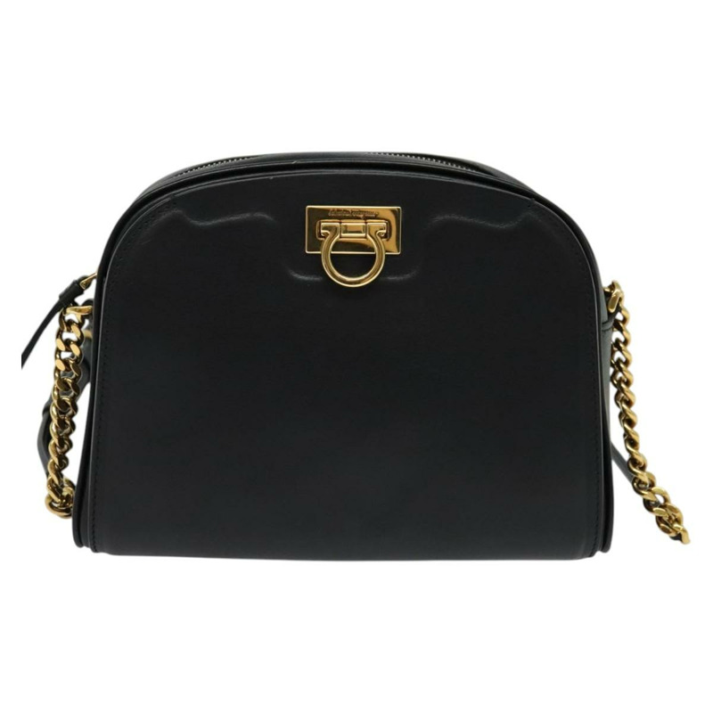【日本直送】Salvatore Ferragamo Gancini 鏈條單肩包 皮革 黑金色 正品 131182-12