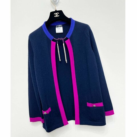 未使用 / CHANEL 深藍珠寶鍊條羊絨開襟外套 38 /S~M