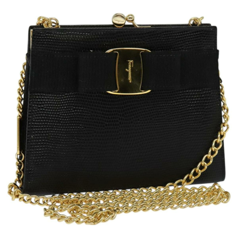 【日本直送】Salvatore Ferragamo Vala 鏈條單肩包 皮革壓花 黑色 正品 132311-0