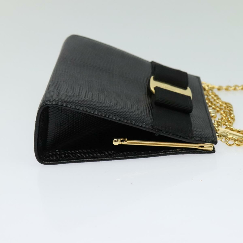 【日本直送】Salvatore Ferragamo Vala 鏈條單肩包 皮革壓花 黑色 正品 132311-3