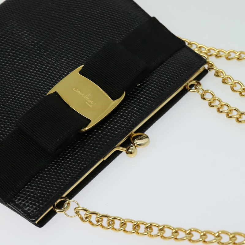【日本直送】Salvatore Ferragamo Vala 鏈條單肩包 皮革壓花 黑色 正品 132311-5
