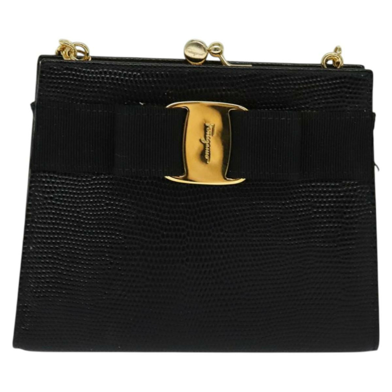 【日本直送】Salvatore Ferragamo Vala 鏈條單肩包 皮革壓花 黑色 正品 132311-12