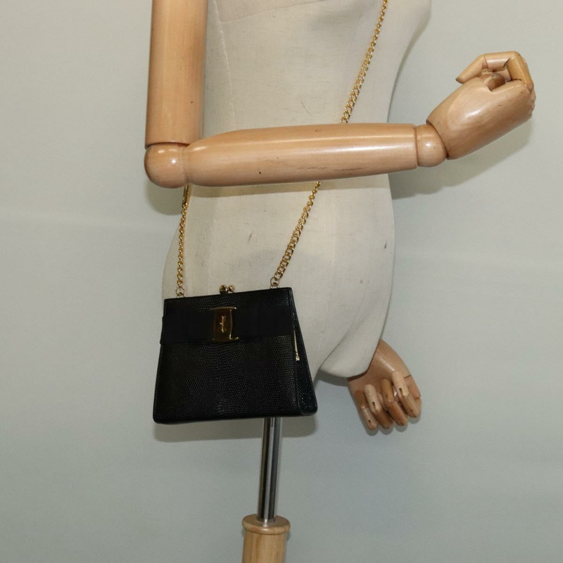 【日本直送】Salvatore Ferragamo Vala 鏈條單肩包 皮革壓花 黑色 正品 132311-18