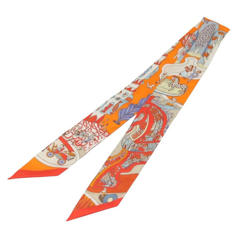 HERMES Twilly 圍巾「世界博覽會」絲綢橙色正品 133743