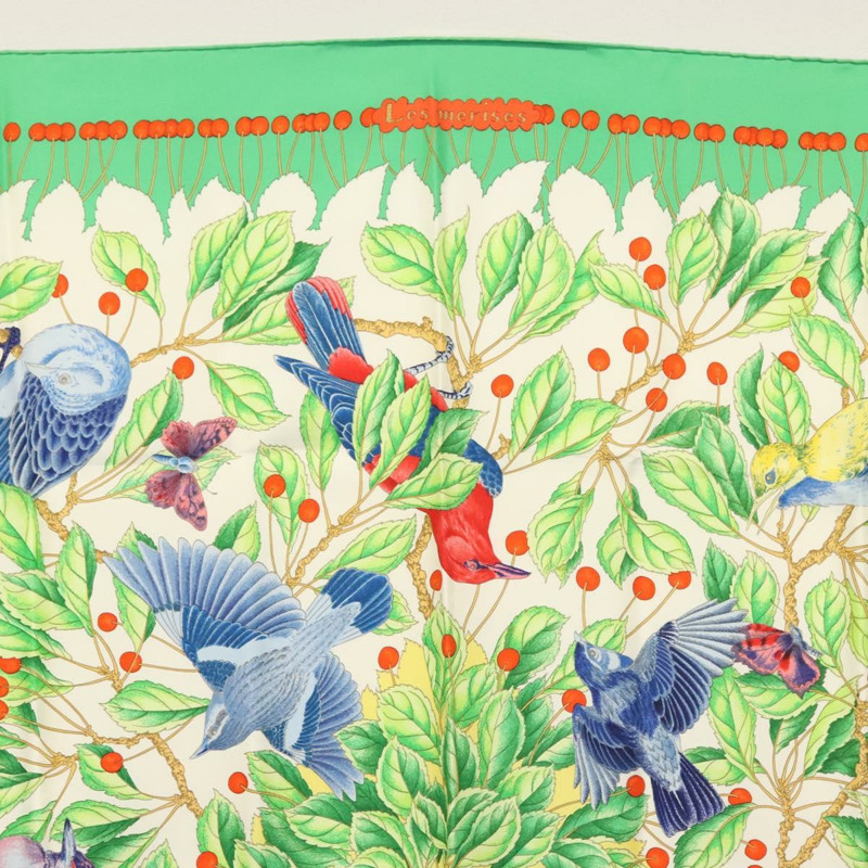 【日本直送】HERMES Carre 90 圍巾「Les merises」絲綢綠色正品 135497-2