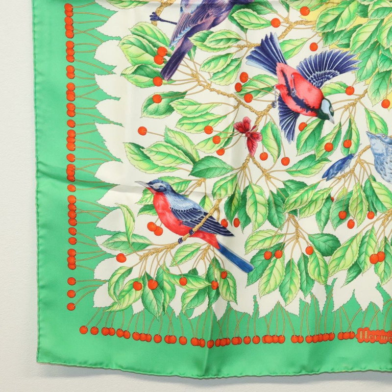 【日本直送】HERMES Carre 90 圍巾「Les merises」絲綢綠色正品 135497-7