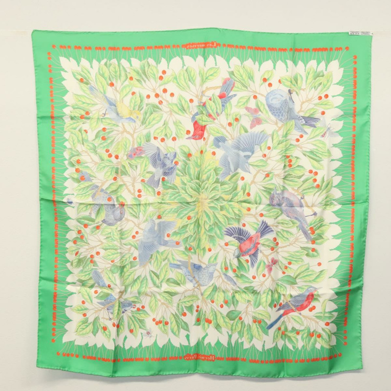【日本直送】HERMES Carre 90 圍巾「Les merises」絲綢綠色正品 135497-12