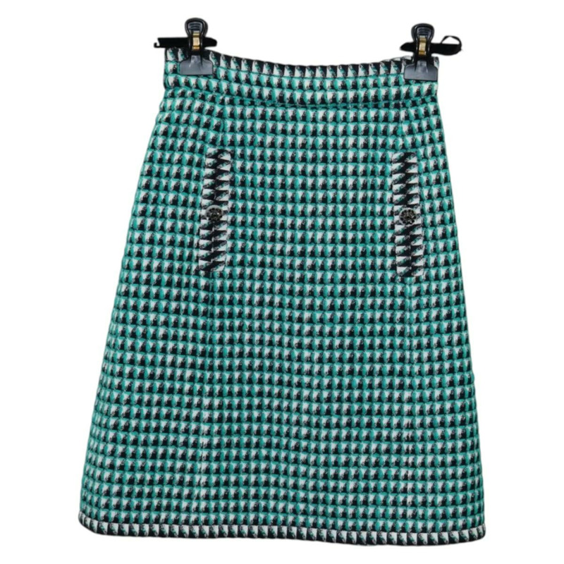 【日本直送】香奈兒 (CHANEL) 綠色黑色斜紋軟呢半身裙，CC標誌，貨號133643M-1