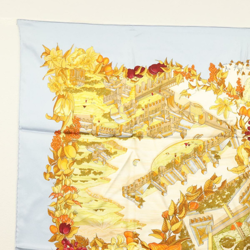 【日本直送】HERMES Carre 90 圍巾「AU PAYS DE COCAGNE」絲質淺藍色正品 135700-1