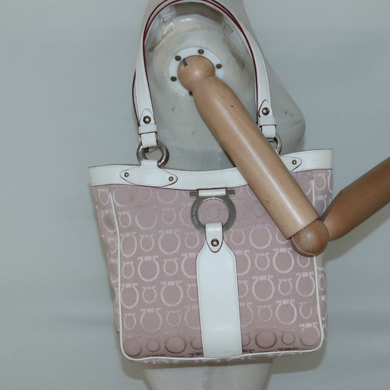 【日本直送】Salvatore Ferragamo Gancini 手袋帆布皮革粉紅銀色正品 BA3467-20