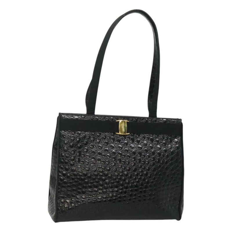【日本直送】Salvatore Ferragamo Vala 手提包 皮革壓花 黑金色 正品 BA3465-0
