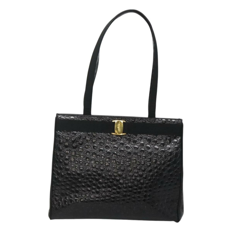 【日本直送】Salvatore Ferragamo Vala 手提包 皮革壓花 黑金色 正品 BA3465-12
